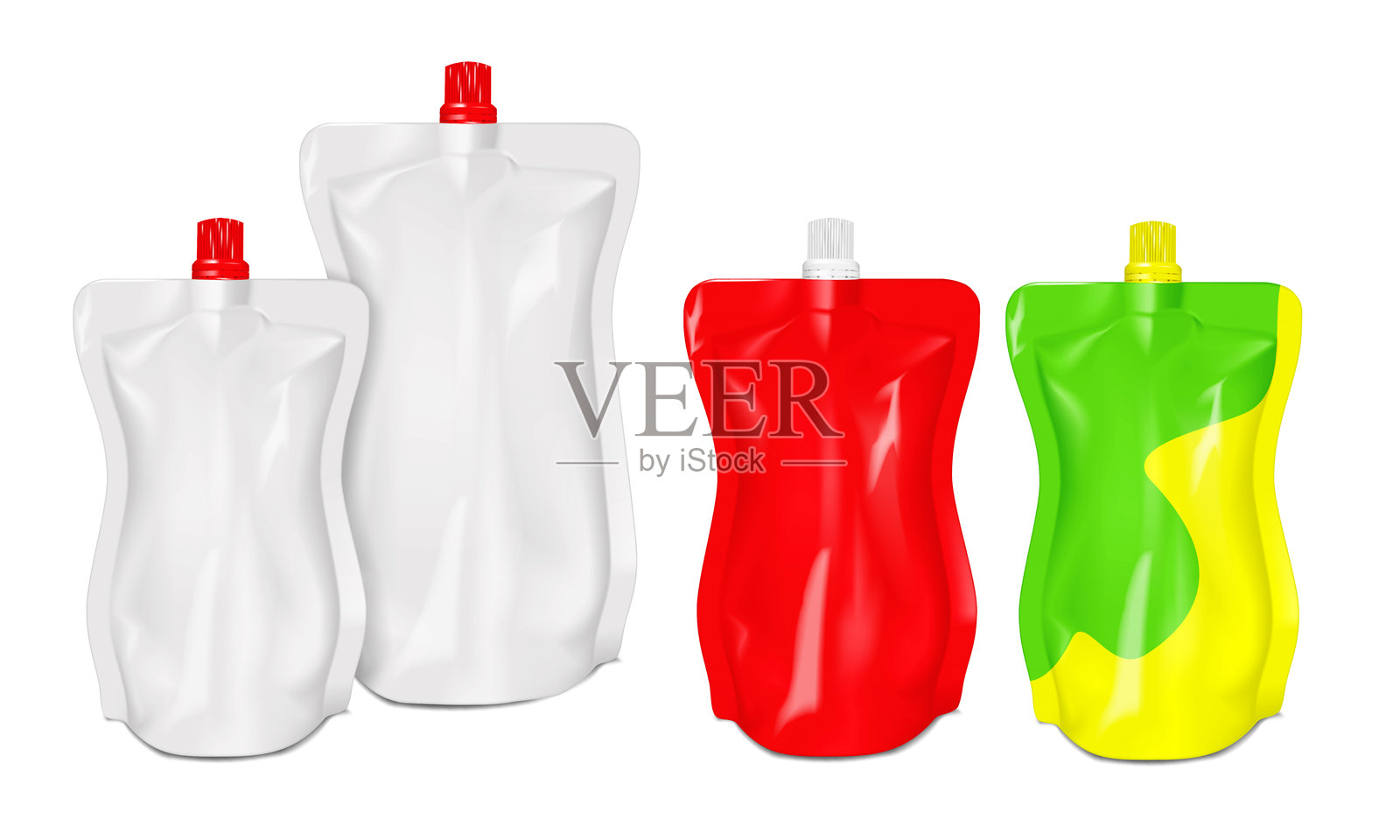 喷嘴立式袋。逼真的3D矢量模型。白色和颜色设计。易于编辑。带螺旋盖的塑料袋。模型套件。液体食品可重新封闭包装。模板插画图片素材