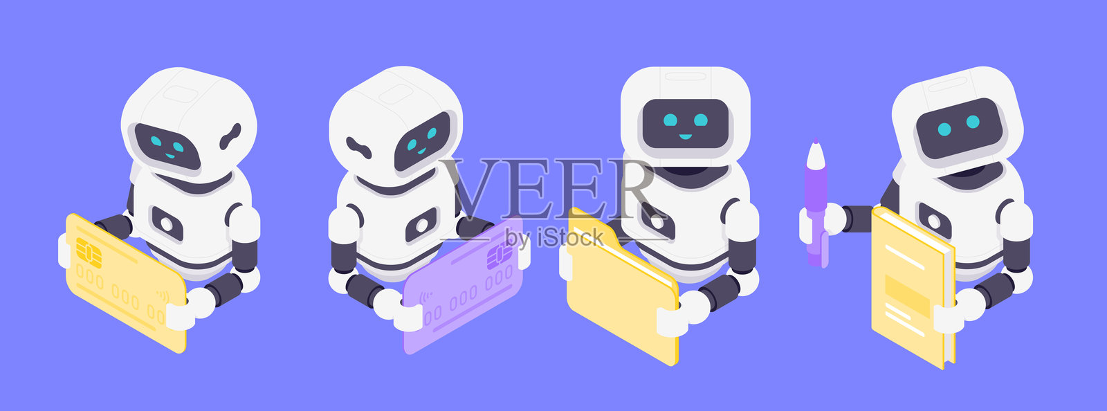 友好的等距AI机器人处理金融数据安全交易和分析,现代设计插画图片素材