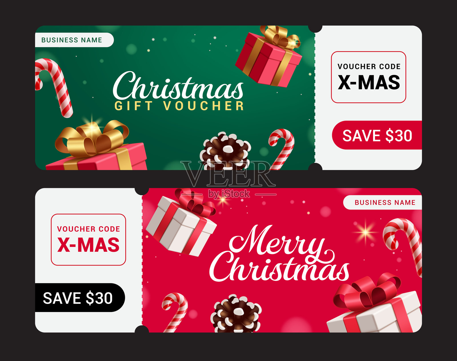 圣诞优惠券剪贴画横幅套件。绿色和红色背景下的圣诞礼品券剪贴画合集,包含礼盒和糖果手杖。插画图片素材