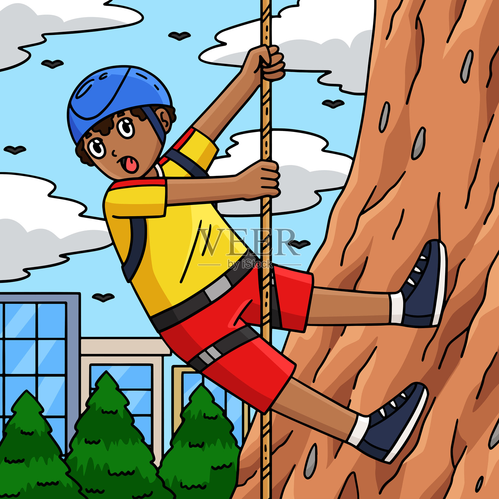 攀岩中的男孩俯视下方插画图片素材