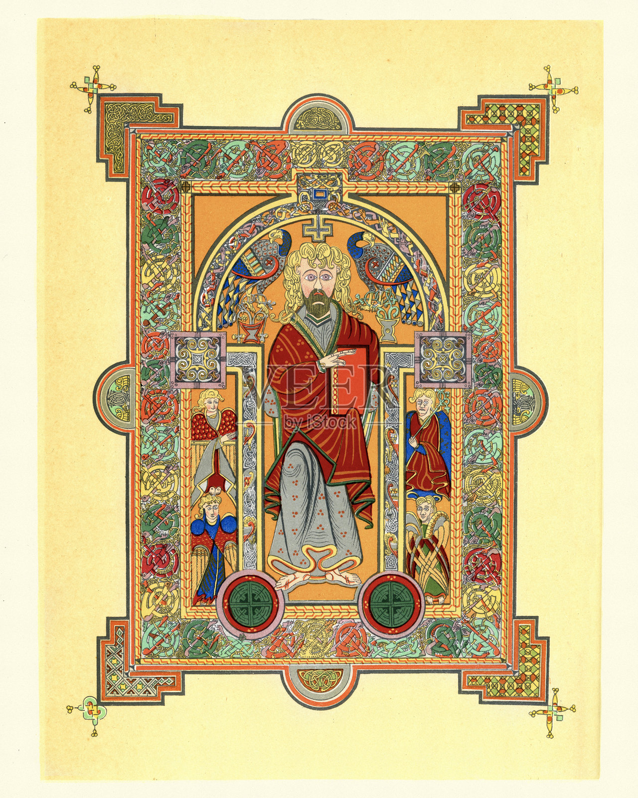 耶稣基督坐在宝座上,灵感来自《凯尔斯之书》的插图。《凯尔斯之书》是一本约公元800年创作的拉丁文彩绘福音书。插画图片素材