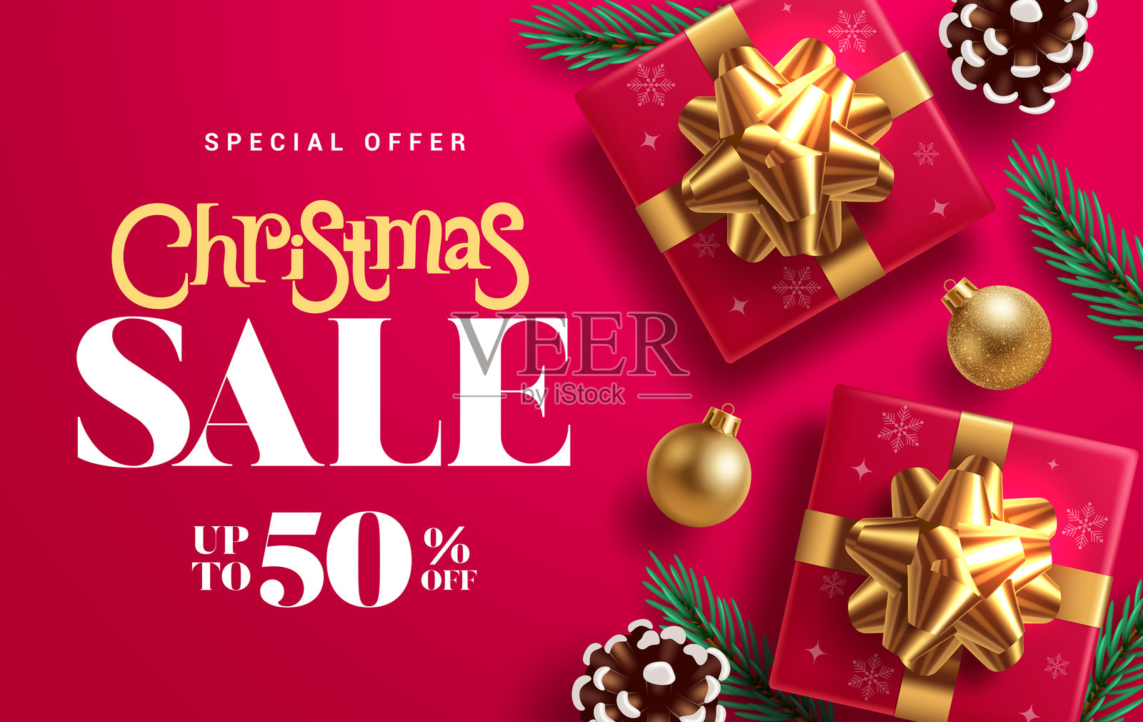 圣诞促销剪贴画横幅设计。圣诞促销特别优惠,红色背景下50%折扣,搭配优雅的红色礼品盒、球和云杉。插画图片素材