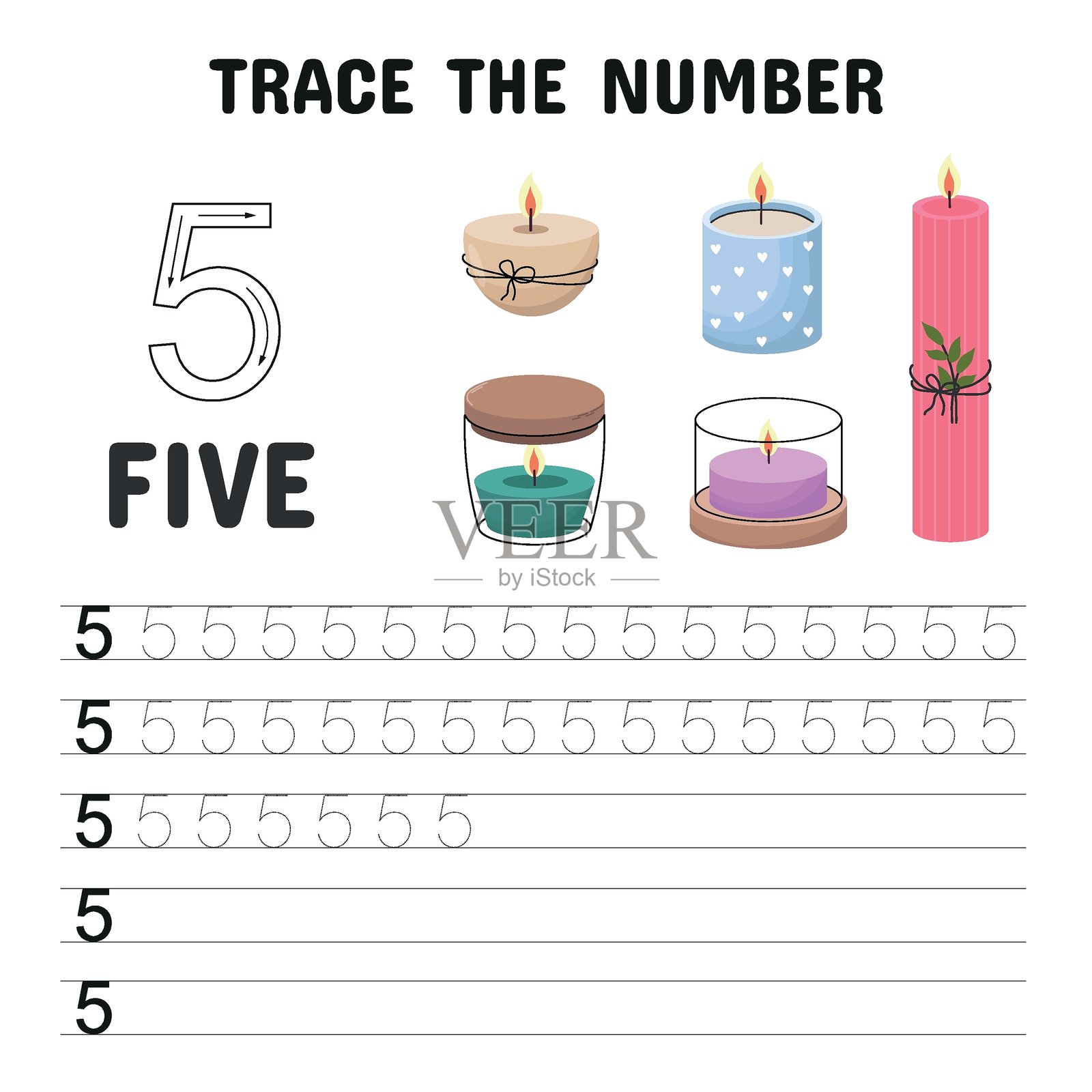 可供早期学习者和儿童使用的数字5可打印描摹表。包含数字5的描摹工作表,配有书写练习线和五根装饰蜡烛以便进行视觉计数。插画图片素材