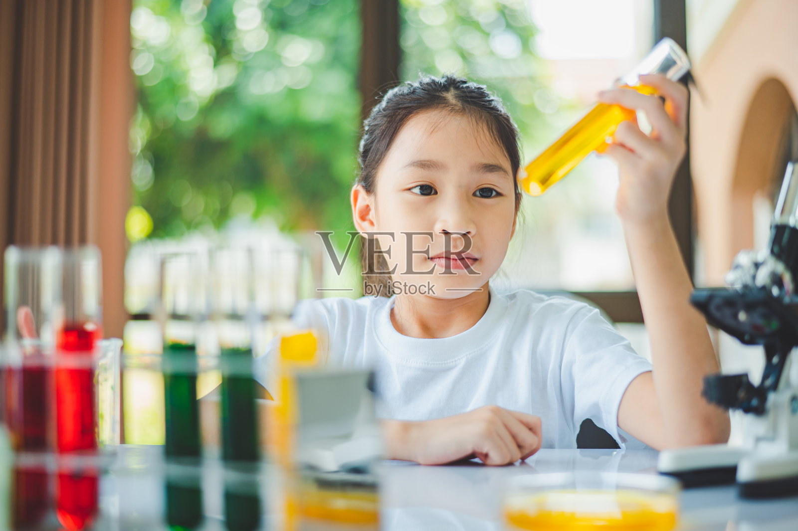 小科学家通过显微镜观察,试管中装满了化学物质,用于学习科学和实验。照片摄影图片