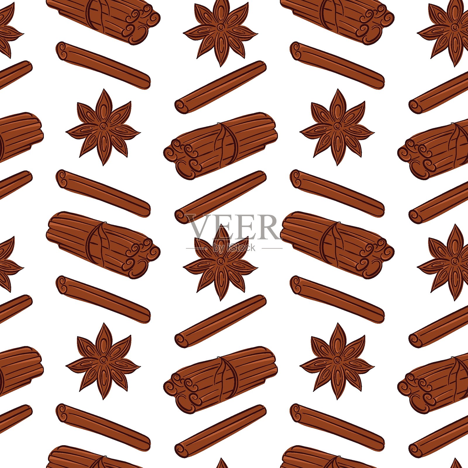 平面风格的肉桂棒和八角茴香无缝图案。非常适合香料包装店和咖啡馆墙纸设计。插画图片素材