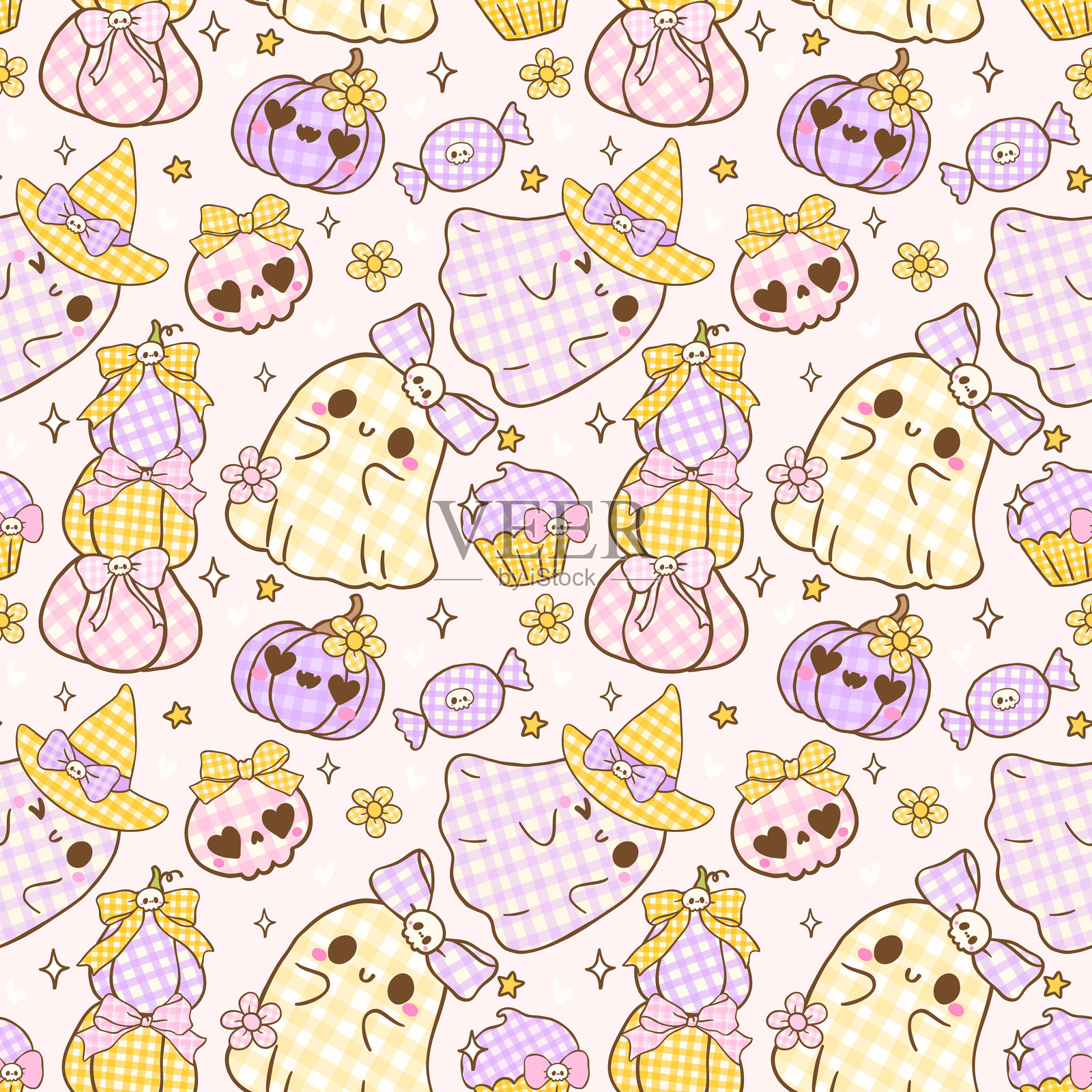 可爱的小巧思格子万圣节无缝图案,鬼魂和南瓜壁纸可打印插画图片素材