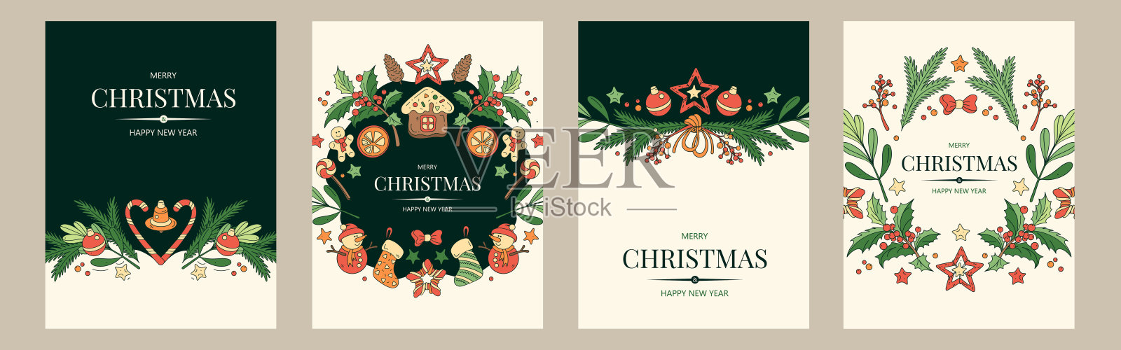 一组垂直横幅,带有绿色和红色的圣诞符号。礼物、装饰以及植物和树木的枝条。插画图片素材