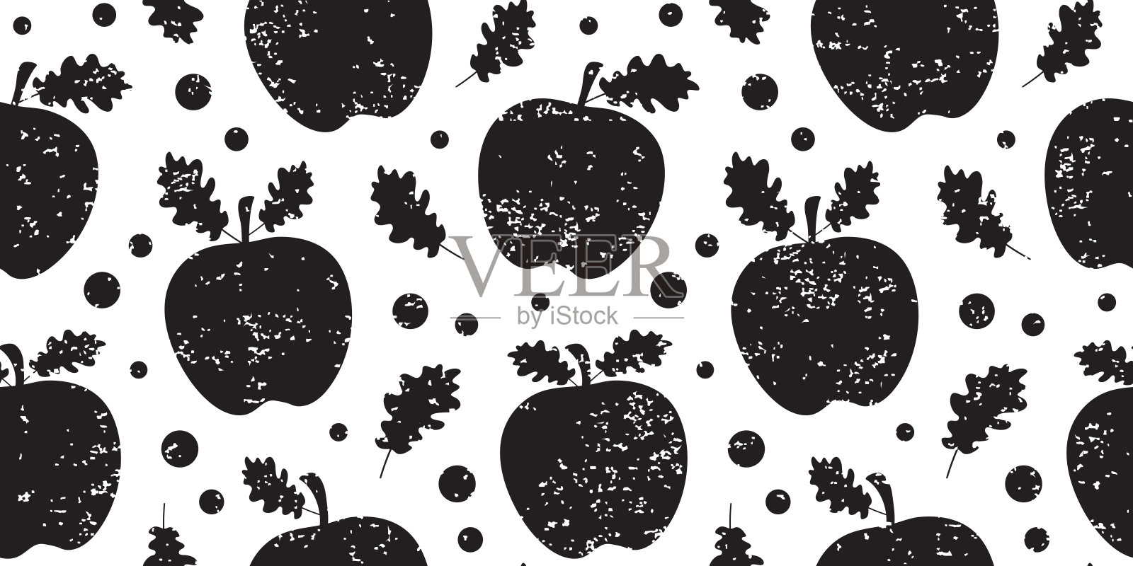 圣诞苹果木炭无缝图案,带叶子的甜水果与磨损背景,黑色假日蜡笔装饰新年。可爱的圣诞儿童粉笔印刷。冬季苹果墨水背景。矢量图。插画图片素材
