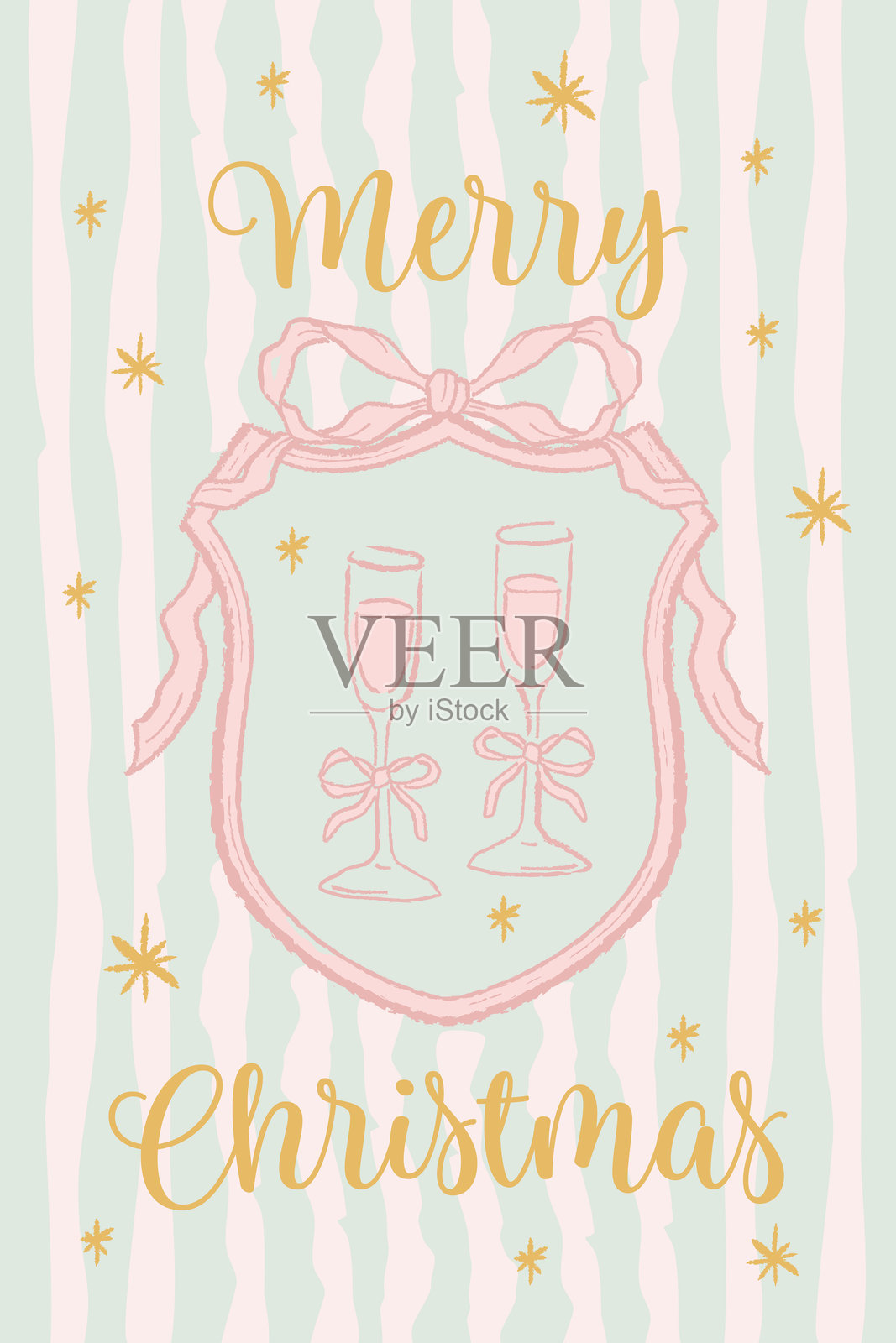 复古手绘圣诞贺卡设计模板,配有香槟杯和丝带徽章。插画图片素材