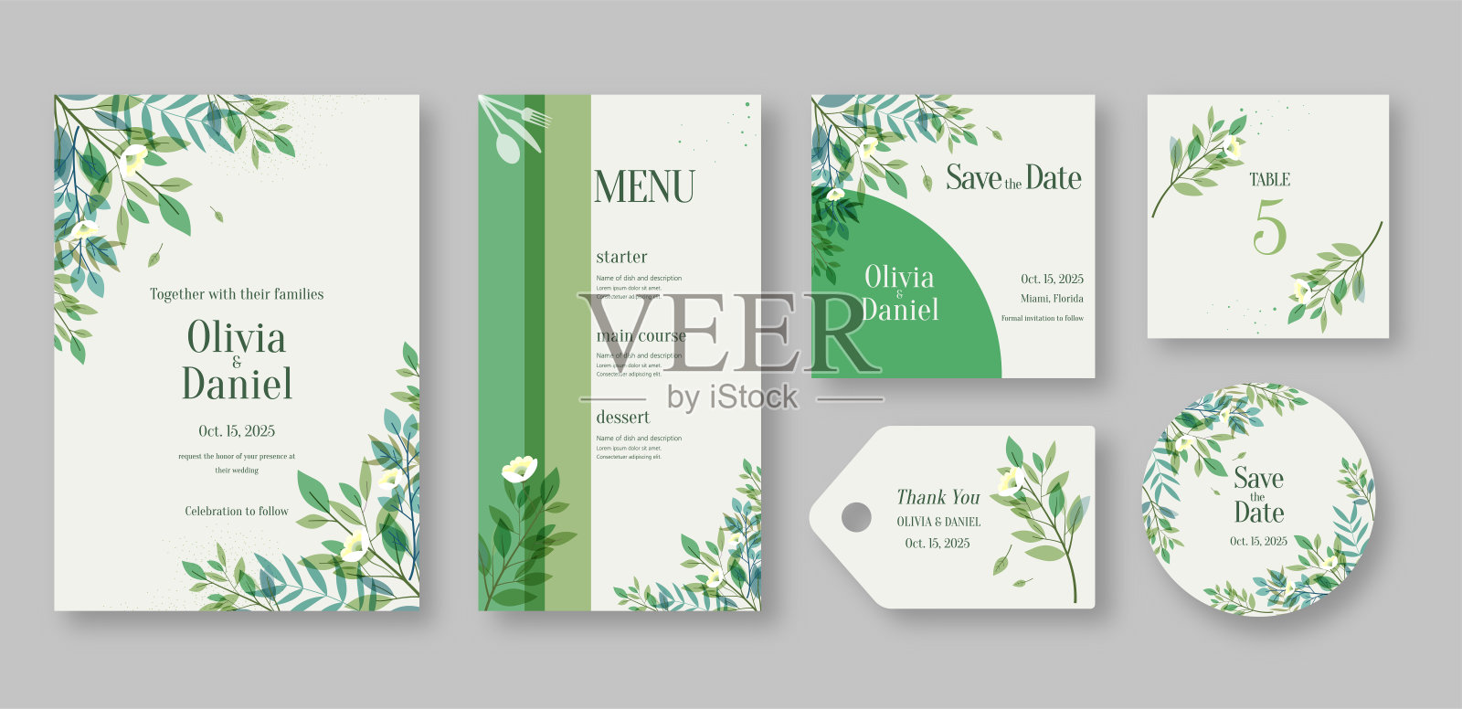 带有花卉设计的婚礼请柬和菜单套装插画图片素材
