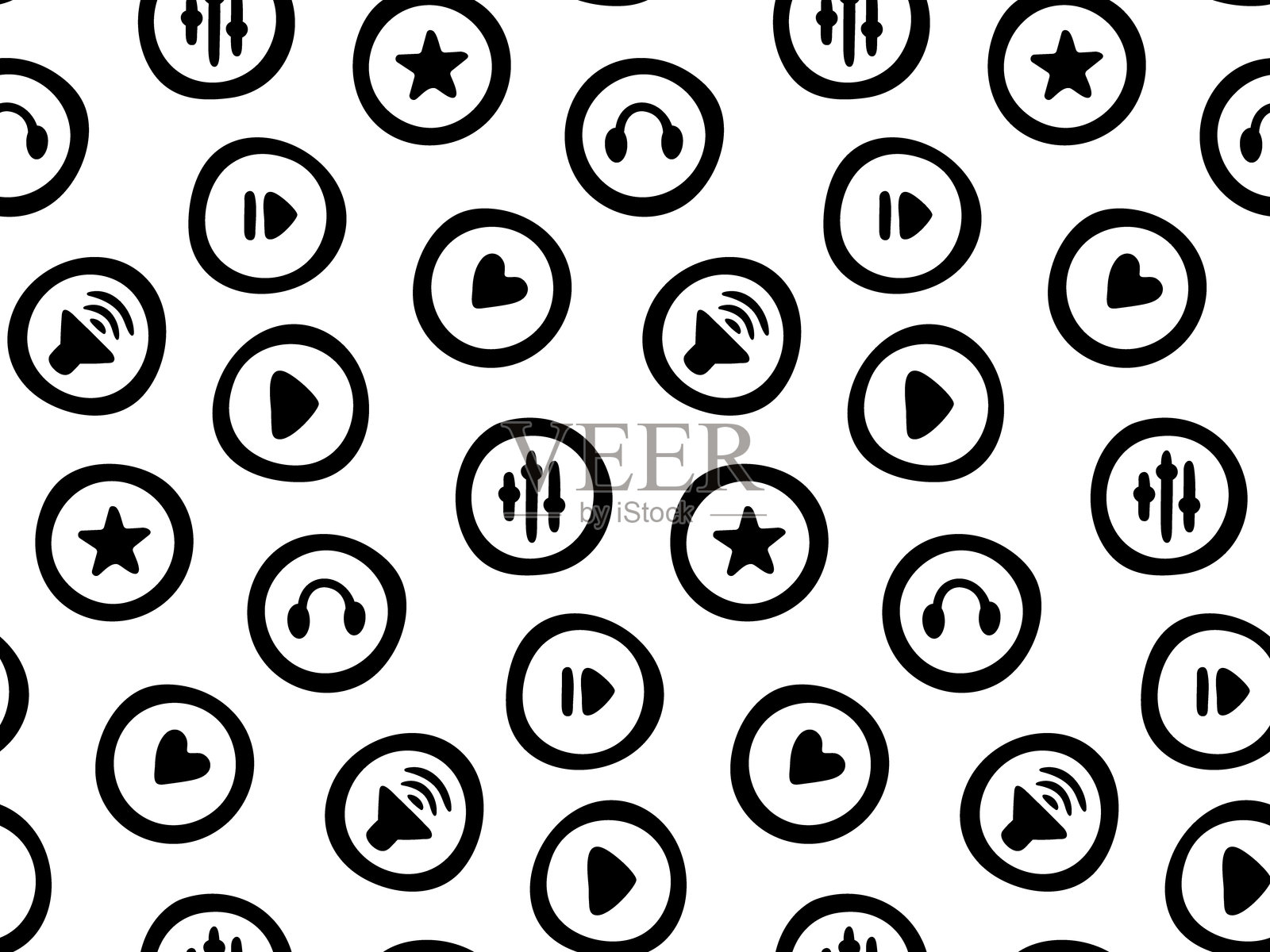 涂鸦播客无缝图案,包含与音乐和音频内容相关的图标,如播放、暂停、耳机和星星符号。手绘媒体播放器主题。适用于音乐、视频、音频应用、播放列表、网页和软件项目的轮廓背景设计。插画图片素材