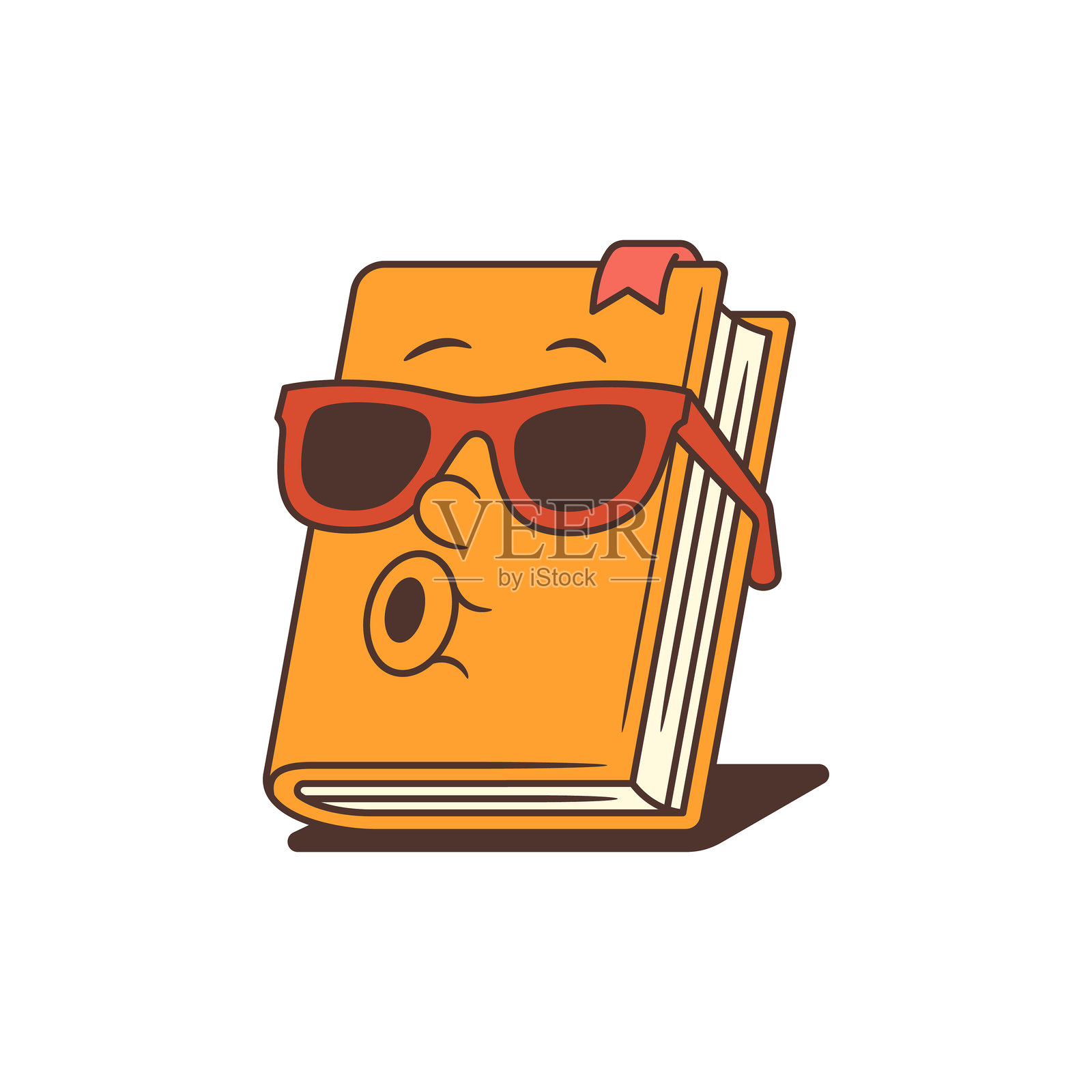 酷炫的橙色卡通书籍吉祥物,戴着太阳镜,面带微笑的表情矢量插图插画图片素材