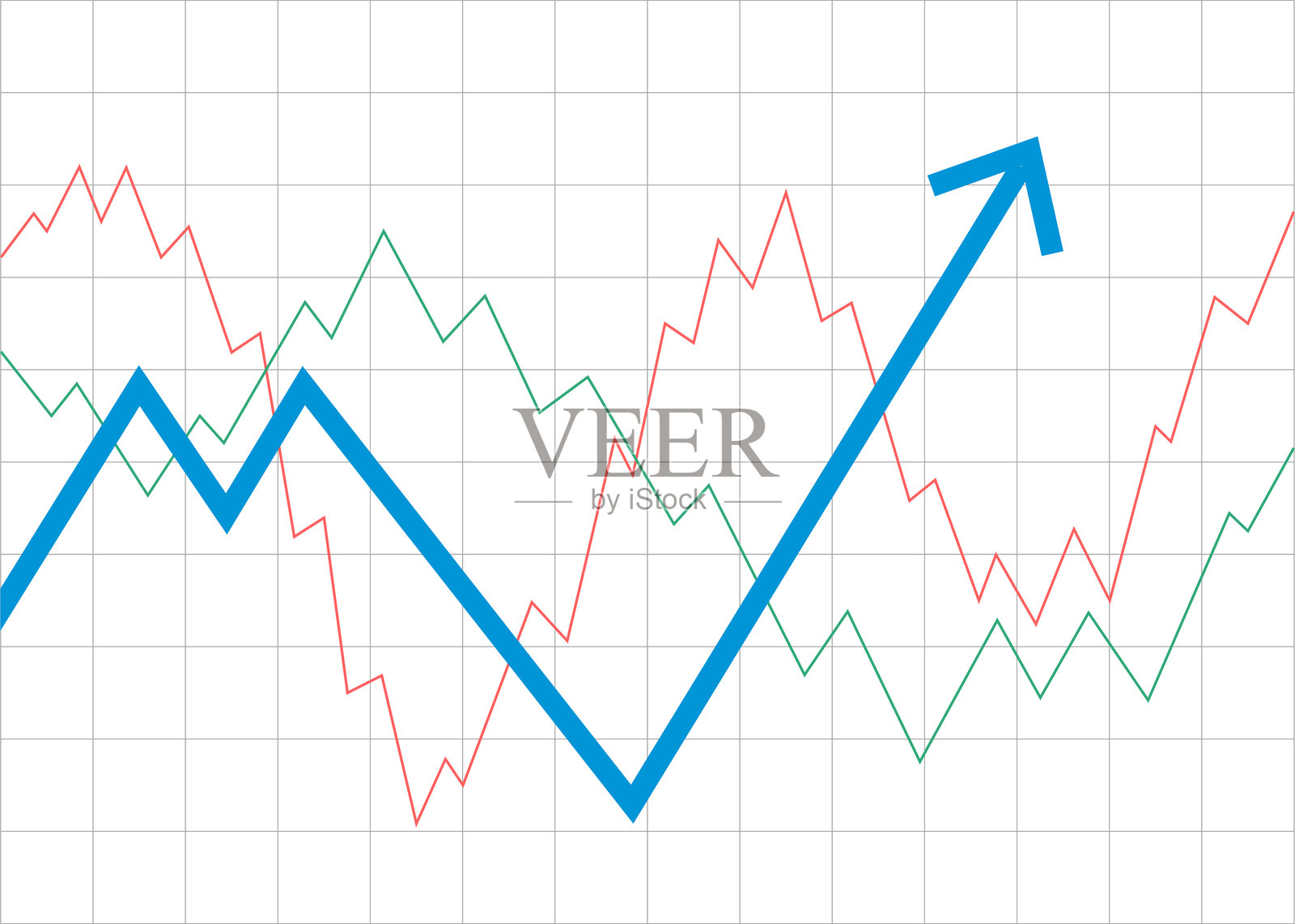 蓝色箭头图表在网格背景上反弹,商业增长从危机经济复苏,财务上升利润插画图片素材