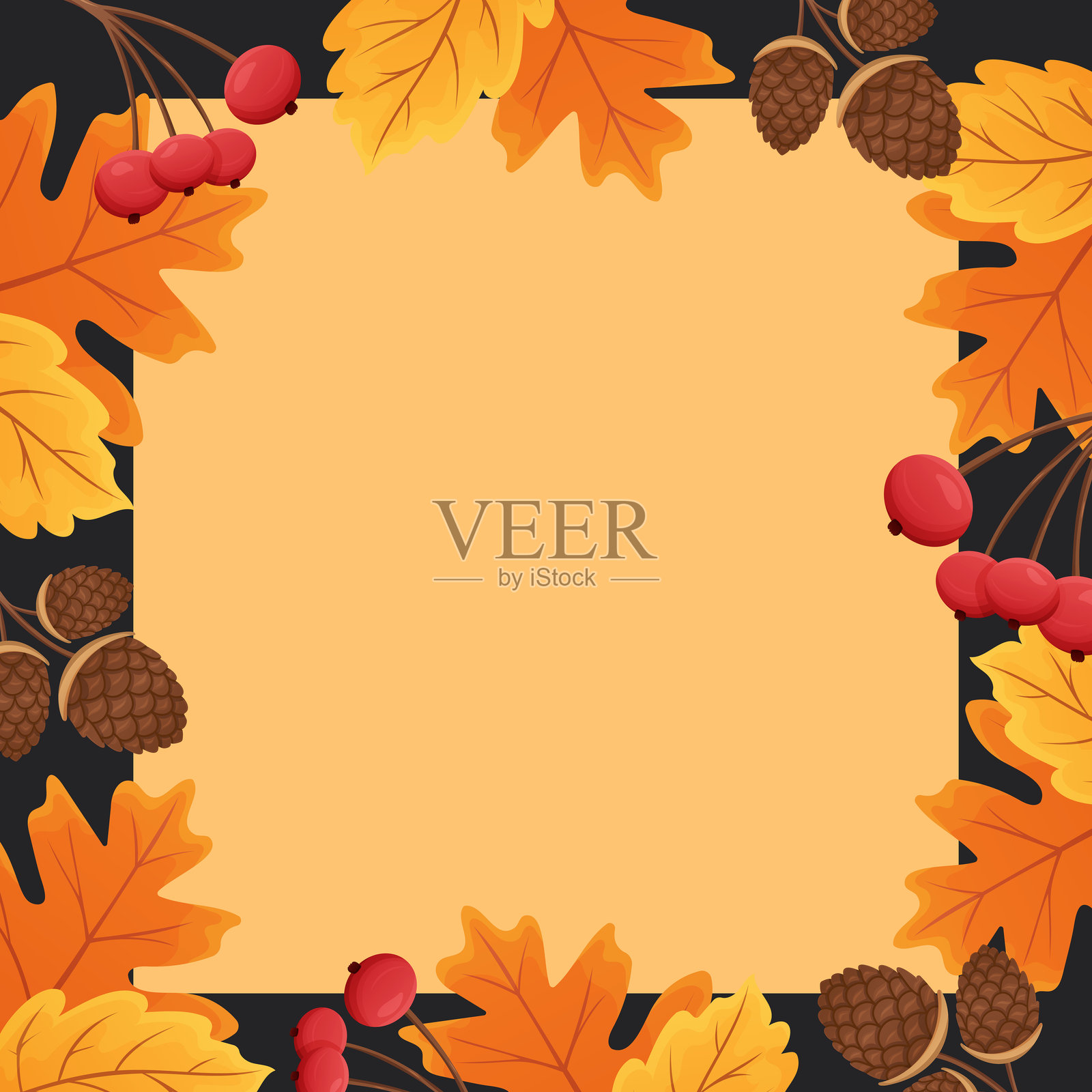 装饰有树叶、浆果和松果的节日秋季贺卡插画图片素材