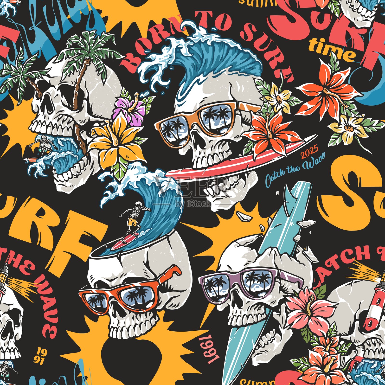 充满活力的热带骷髅冲浪设计插画图片素材