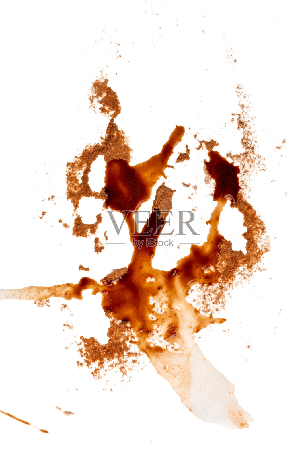 高分辨率相机拍摄的白色背景上的可可粉污渍照片。照片摄影图片