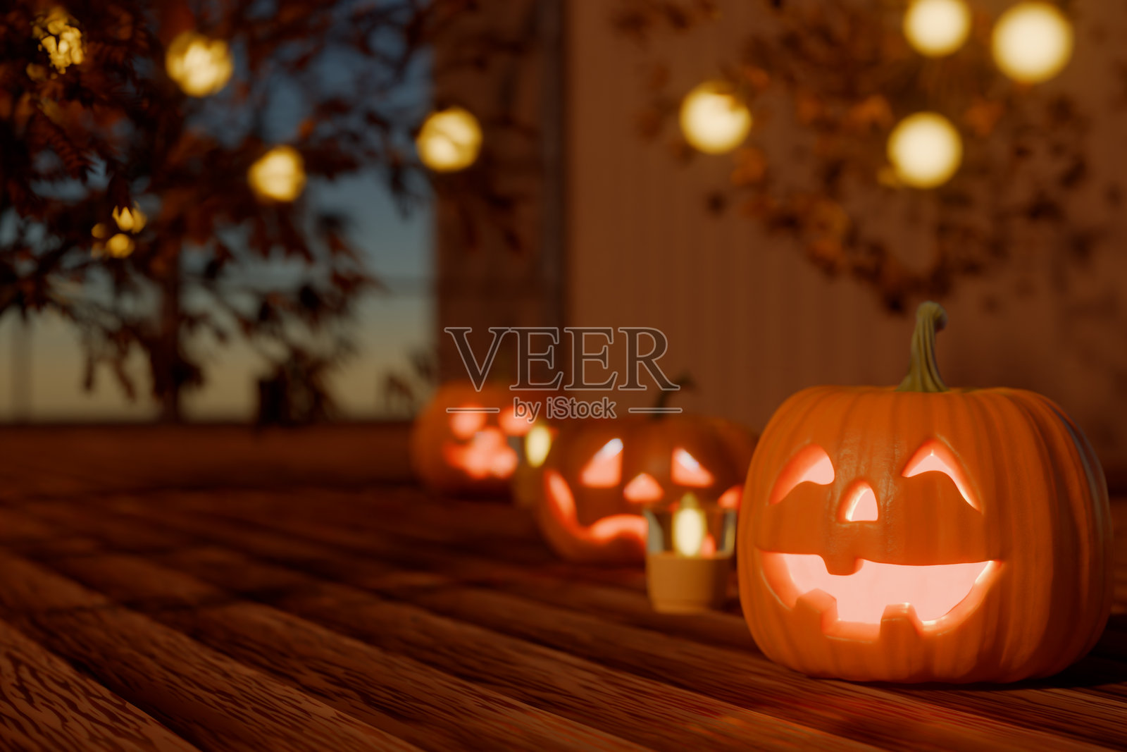 万圣节雕刻的南瓜在木地板上发光,背景中有节日灯光。3D渲染。照片摄影图片