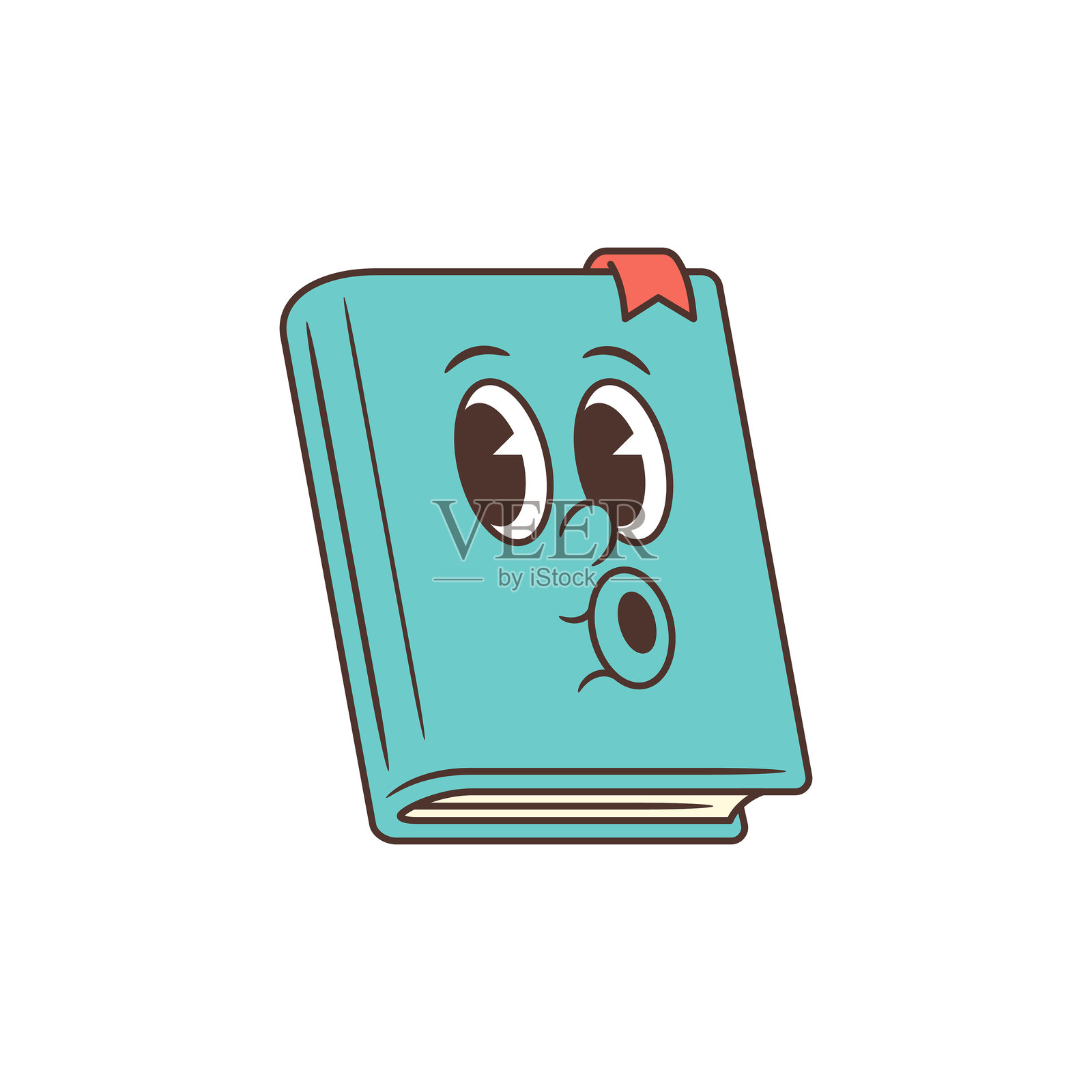 友好的浅蓝色卡通书籍吉祥物,带有惊讶表情和红色书签,教育矢量插图插画图片素材