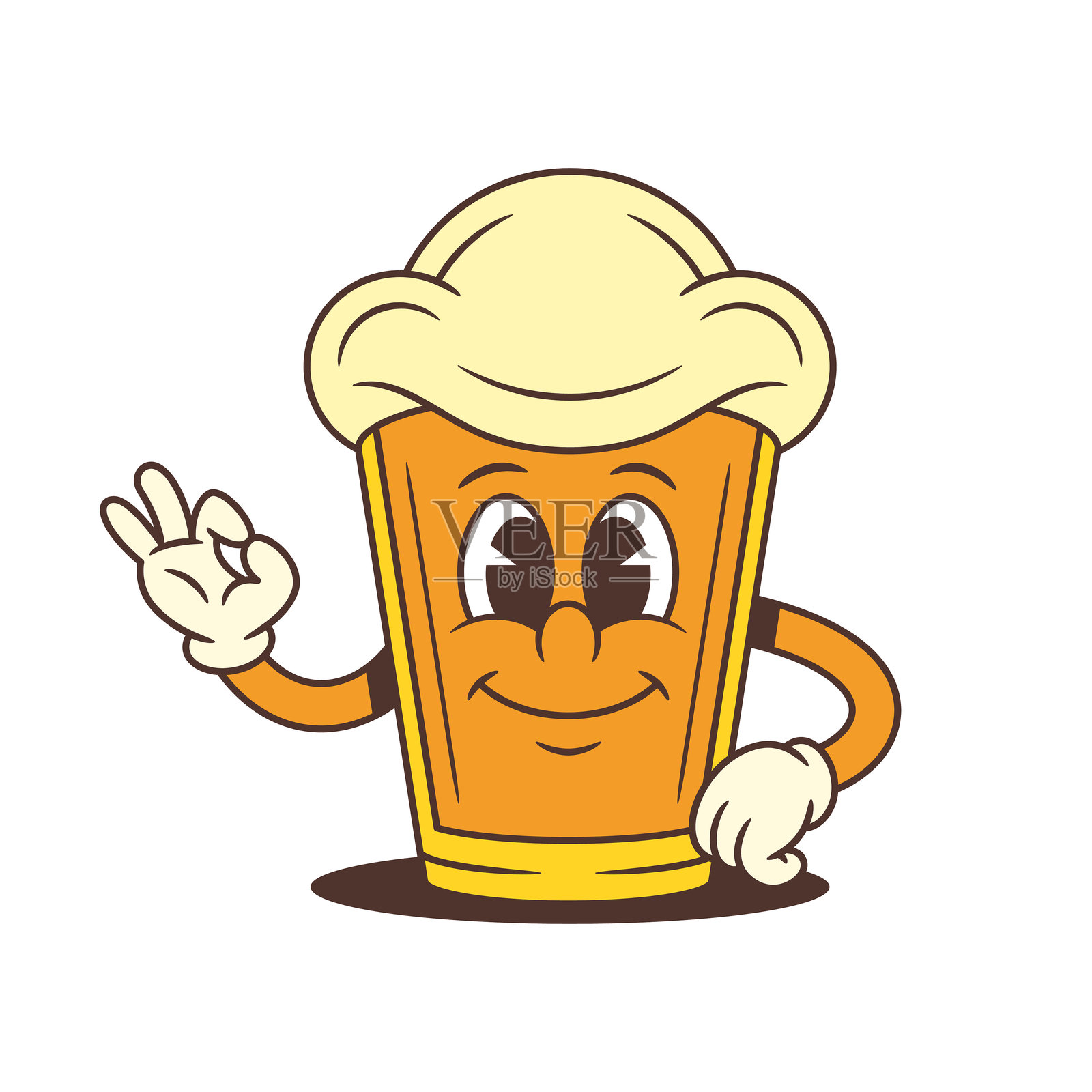 快乐的黄色啤酒吉祥物玻璃杯,泡沫头大,做出“好”的手势,角色矢量插图插画图片素材