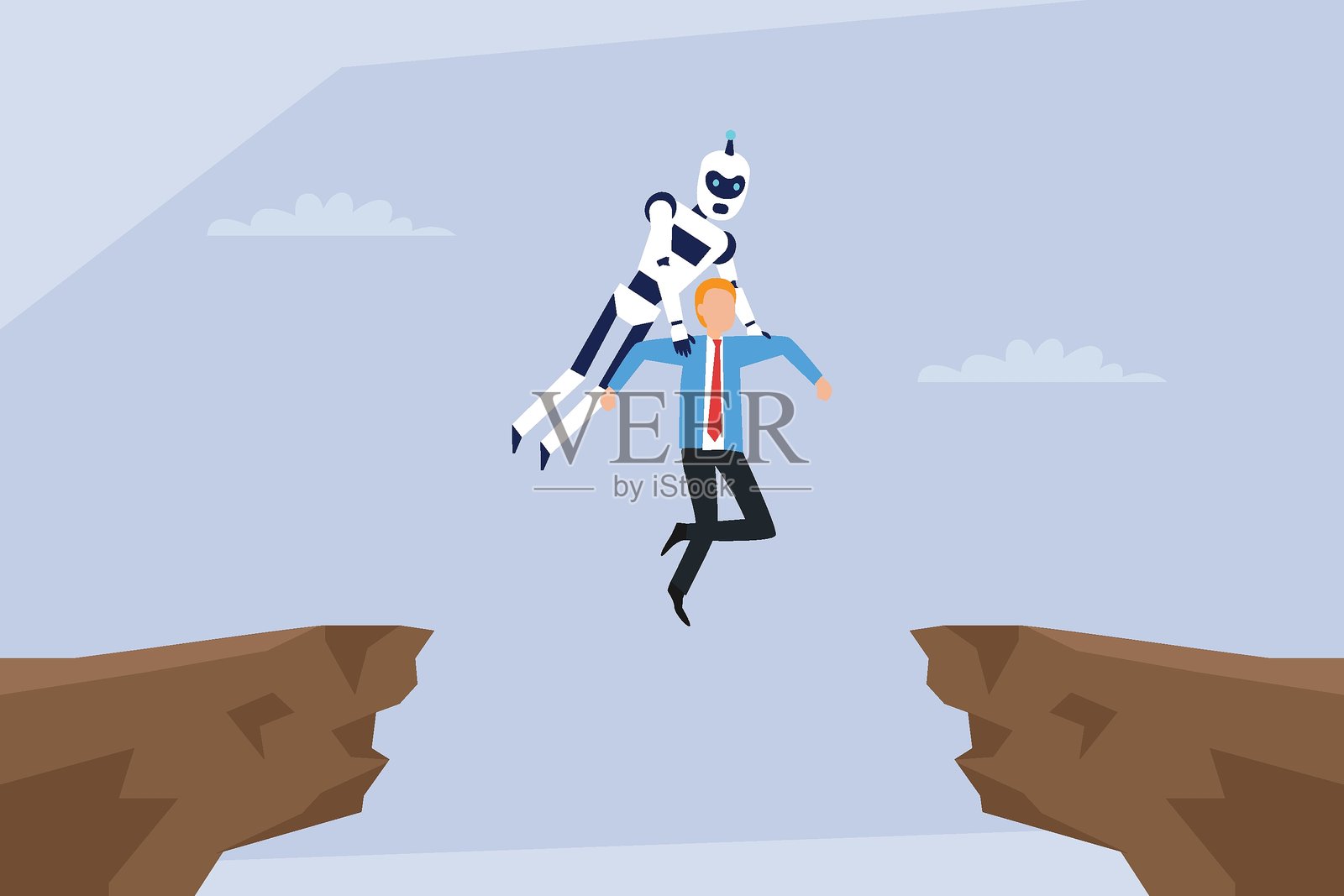 机器人和人一起跨越峡谷的2D平面矢量插图插画图片素材