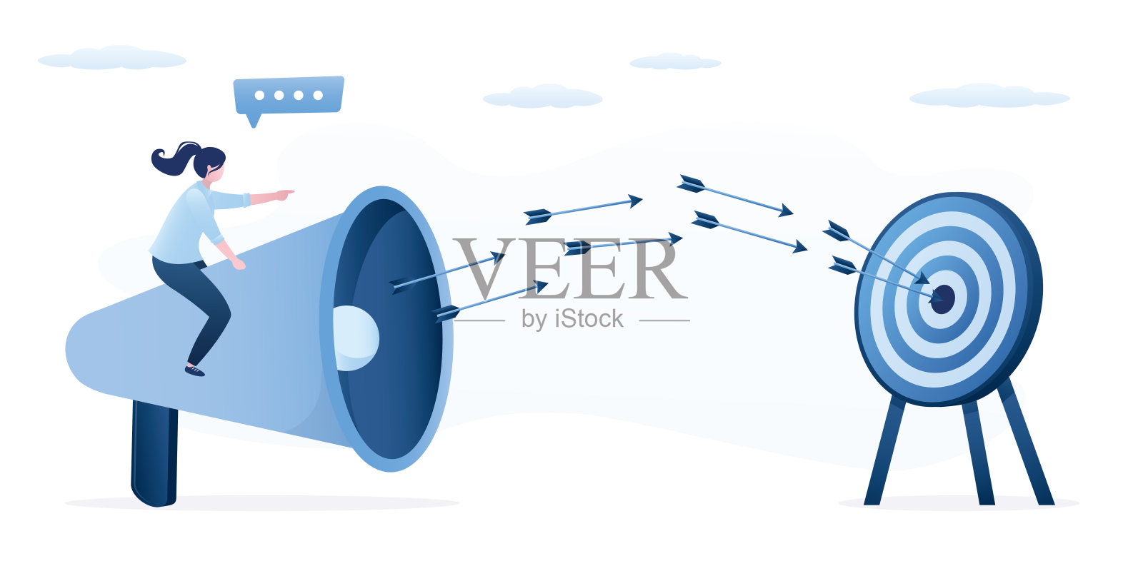 女商人营销人员用扩音器讲话并击中靶心。市场管理,公共关系。经理坐在扬声器上进行公告。插画图片素材