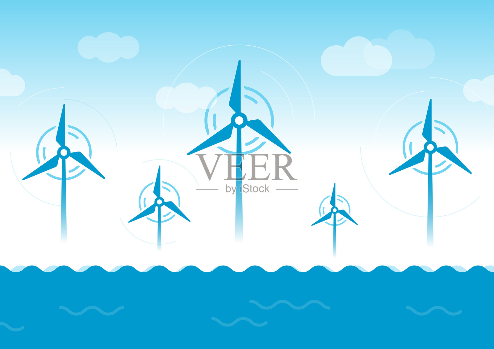 蓝天中的风力涡轮机。海面上的水力涡轮符号。风能概念。插画图片素材
