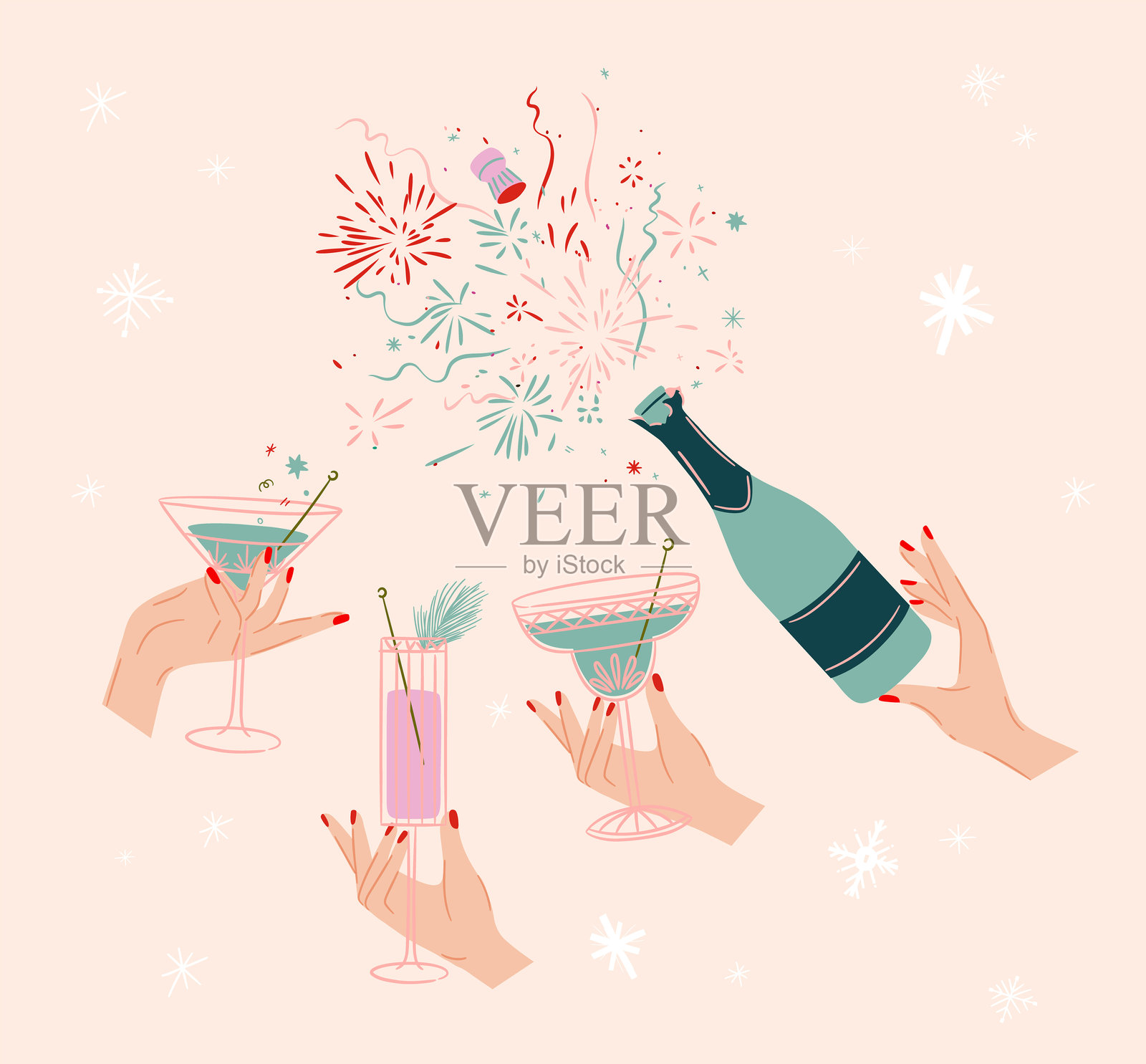 新年庆祝海报,背景为米色,配有瓶子、烟花和鸡尾酒杯。插画图片素材