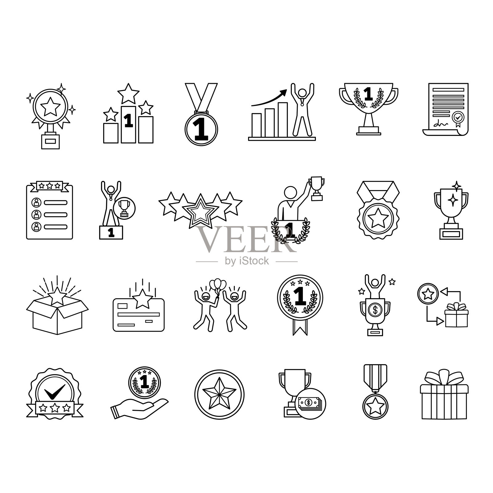 奖励图标集。矢量插图包括奖项、奖牌、奖杯、成功、评分、冠军、礼物、成就、星星、获胜者、奖金、奖金和更多。插画图片素材