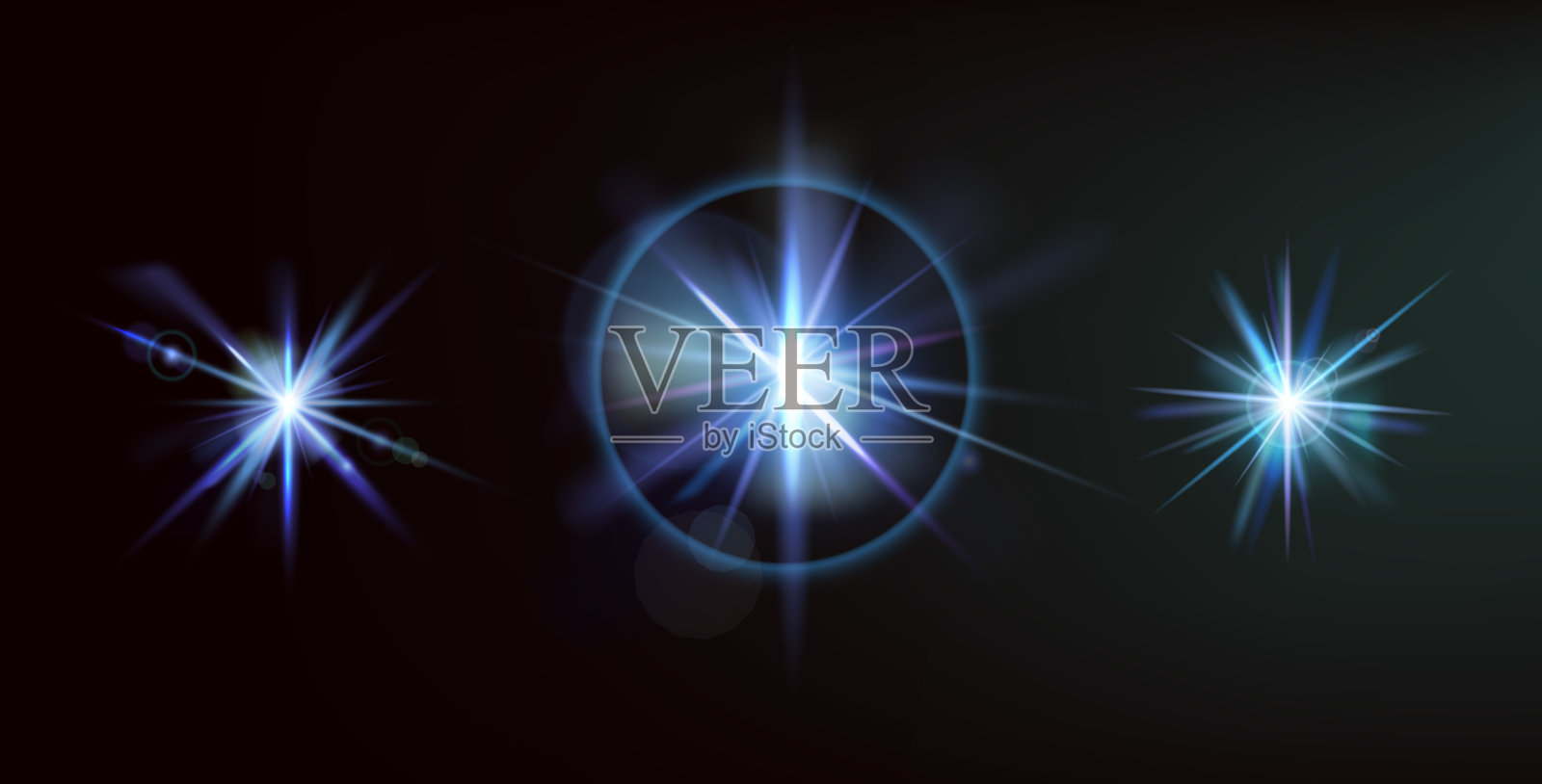 深色背景上的蓝色高光。发光星星效果。闪烁的圆形反射效果集合。闪亮亮片的矢量集合。夜晚的闪烁与明亮光束的闪耀。插画图片素材