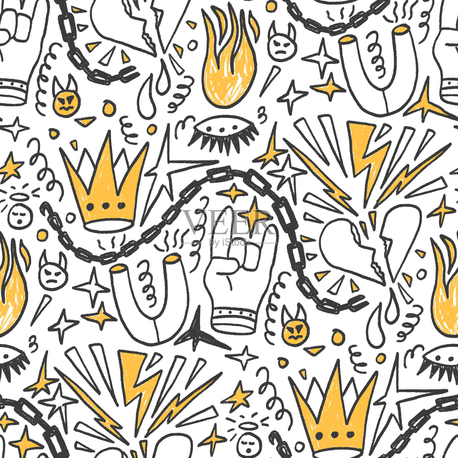 蜡笔女孩朋克摇滚无缝图案。涂鸦涂鸦马克笔无尽背景。天真的涂鸦马、火焰、皇冠重复图案。矢量手绘黑色和黄色插图。插画图片素材