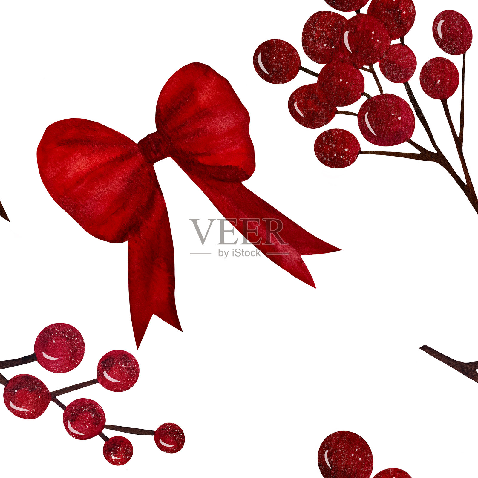 美丽的红色蝴蝶结,带有长尾的缎带和红色多汁浆果的分支,无缝图案。水彩画。适用于面料、纺织品、包装纸、封面、印刷品、办公室、节日和礼物。插画图片素材