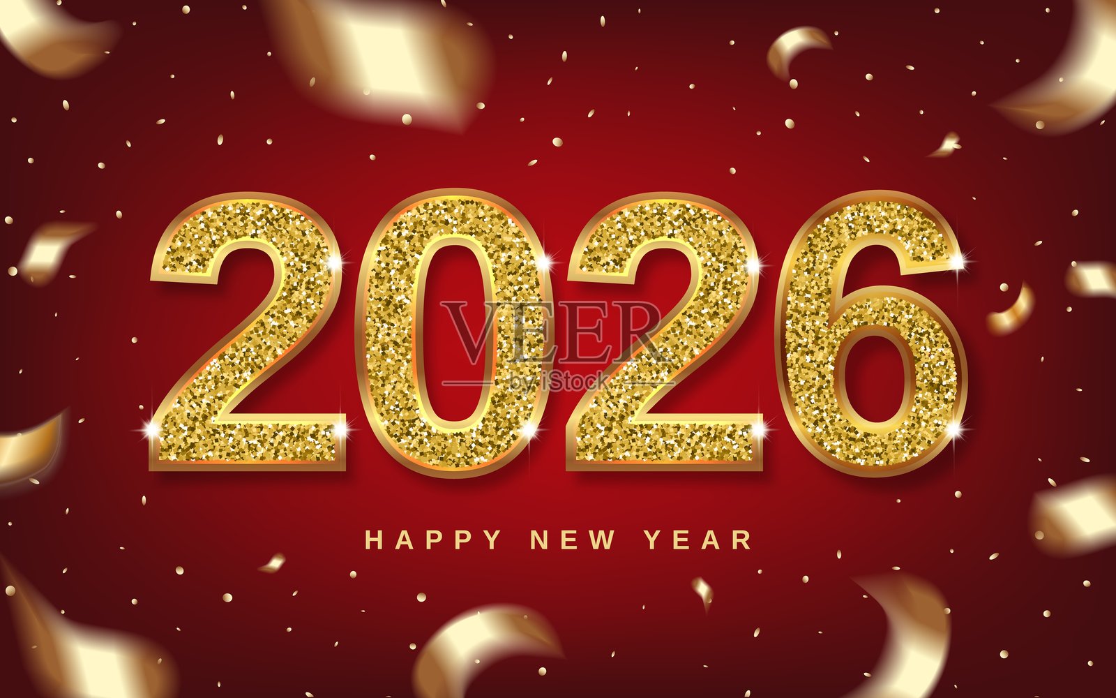 2026年的圣诞数字闪耀着金色、丝带和旋转的五彩纸屑。插画图片素材