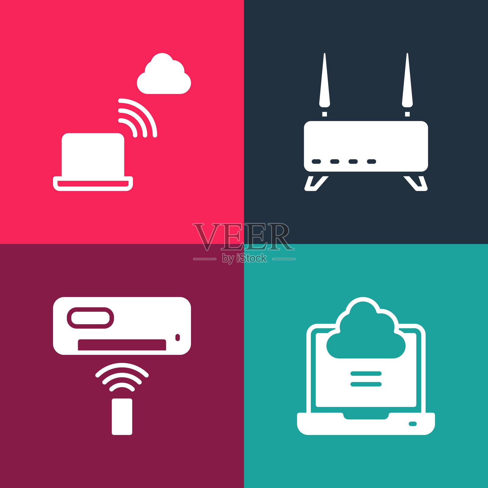 设置波普艺术风格的网络云连接、空调、路由器和Wi-Fi信号图标。矢量图。插画图片素材