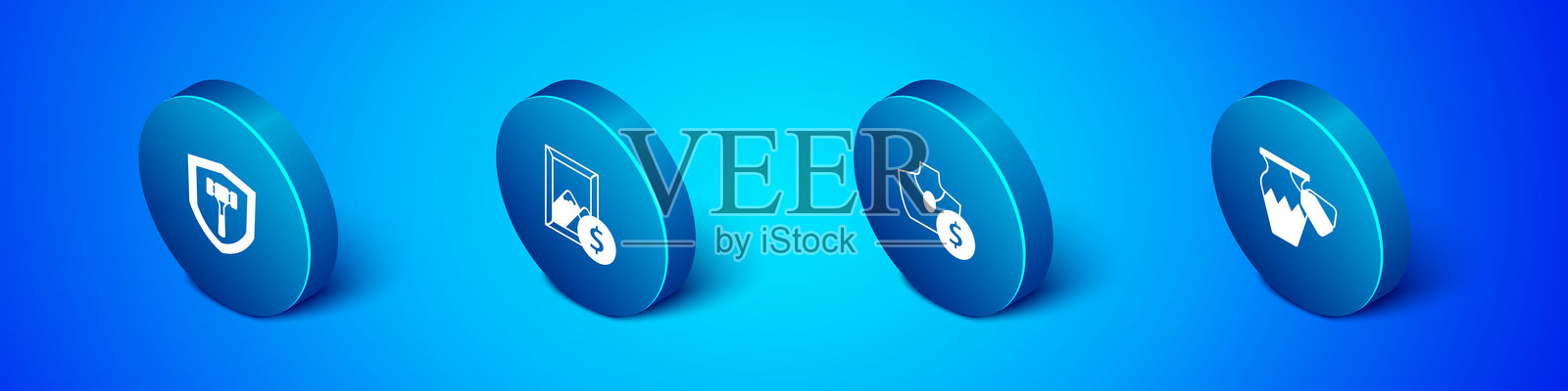 等距拍卖锤、珠宝销售、古代花瓶和绘画图标。矢量图。插画图片素材