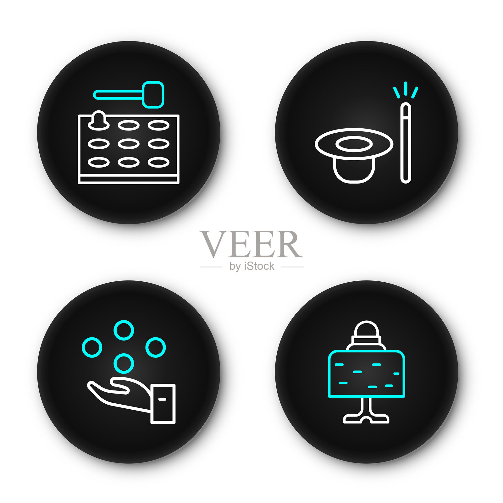 在桌子上放置魔法球、杂耍、帽子和魔杖,以及街机游戏机图标。矢量图。插画图片素材