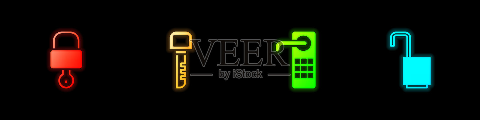 锁和钥匙、钥匙、数字门锁和打开的挂锁图标。矢量图。插画图片素材