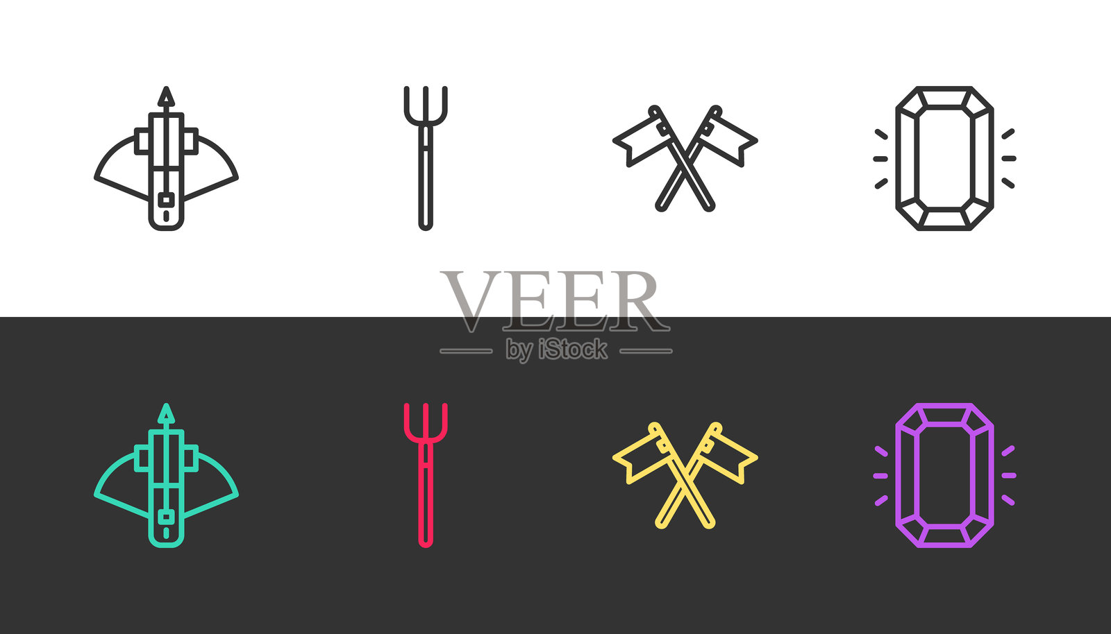 交叉的战斗弩与箭、园艺叉、交叉的中世纪旗帜和钻石,黑白矢量图。插画图片素材