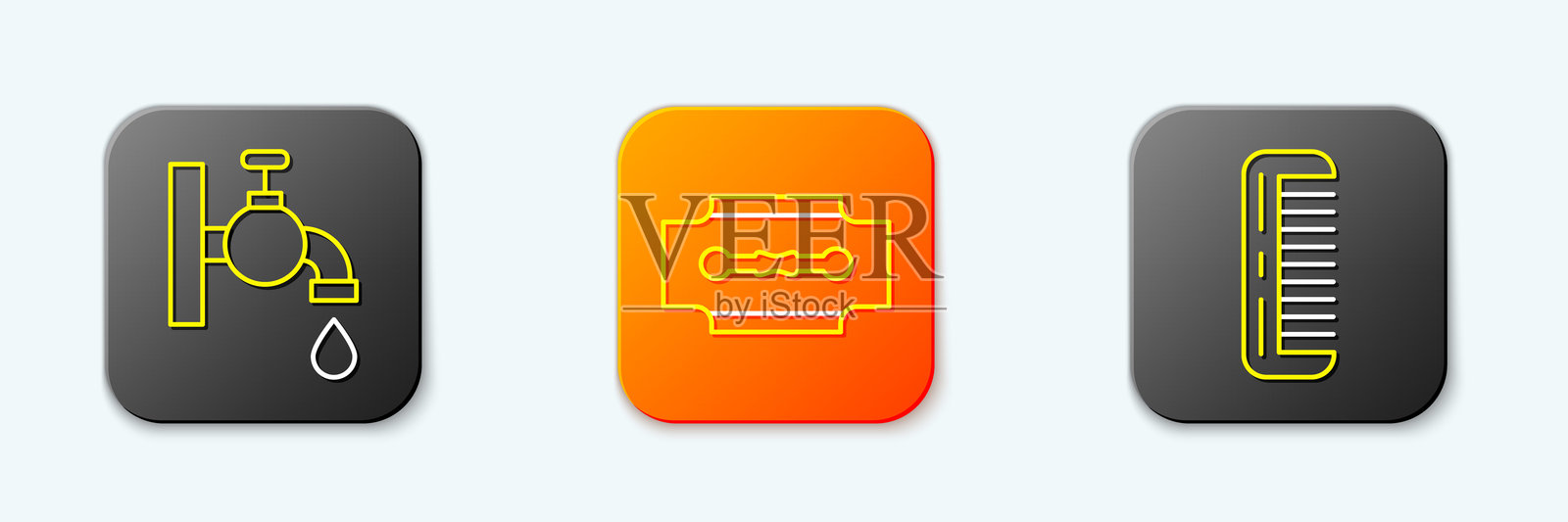 水龙头、剃刀和发刷图标。矢量图。插画图片素材