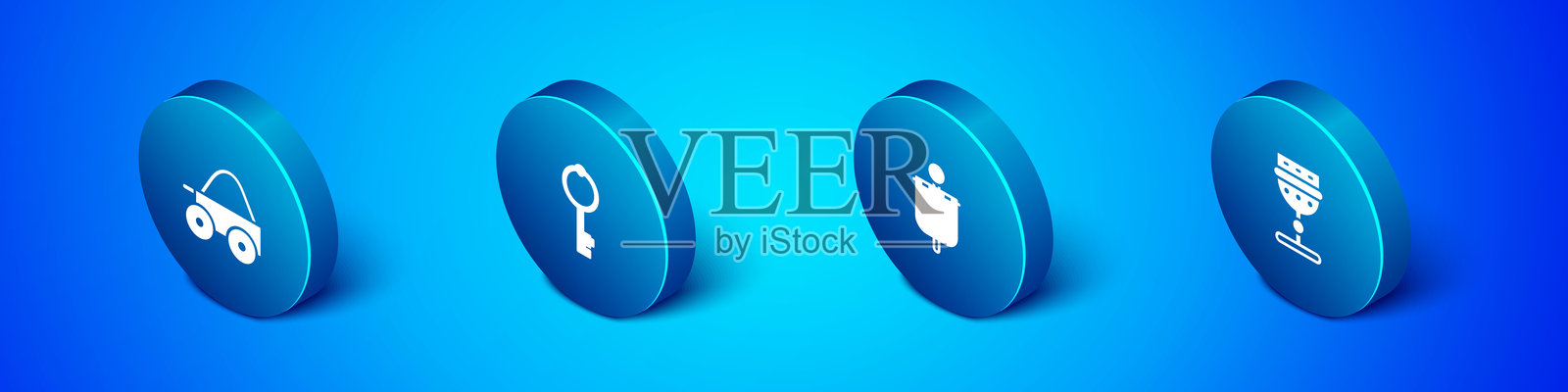 等距木制四轮手推车, medieval 旗帜,酒杯和旧钥匙图标。矢量图。插画图片素材