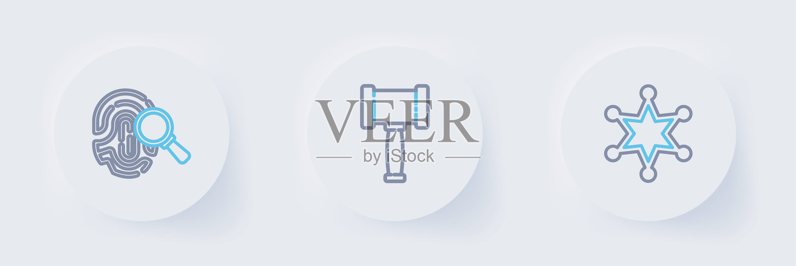 线条图标:警长、法官法槌和指纹。矢量图。插画图片素材