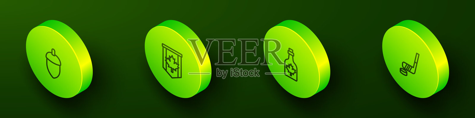 等距线图标:橡果、加拿大的旗帜、枫糖浆瓶、冰球棒和冰球图标。矢量图。插画图片素材