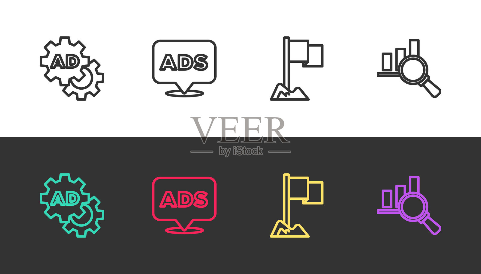 黑白色的广告线条、位置标记和放大镜及分析。矢量图。插画图片素材