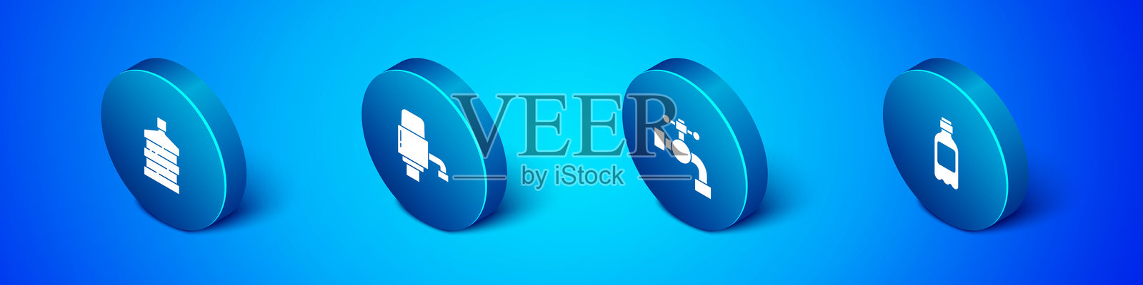 等距大水瓶,清水,水龙头,瓶子和机械泵的图标。矢量图。插画图片素材