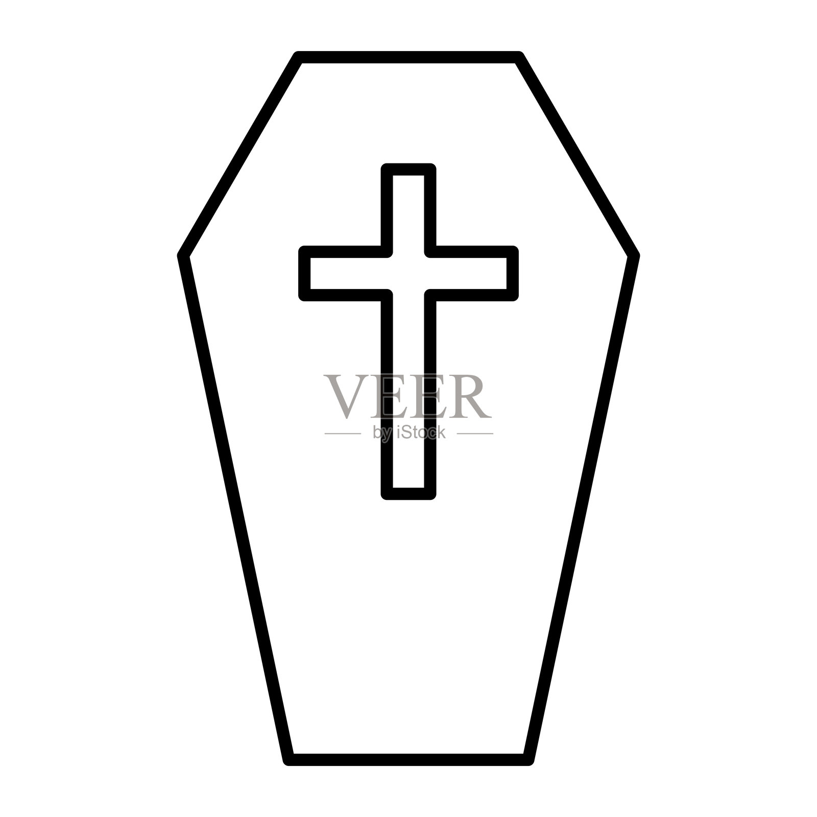 带十字架的棺材矢量图标。黑色轮廓的葬礼棺材符号。死亡、埋葬和纪念设计元素。插画图片素材