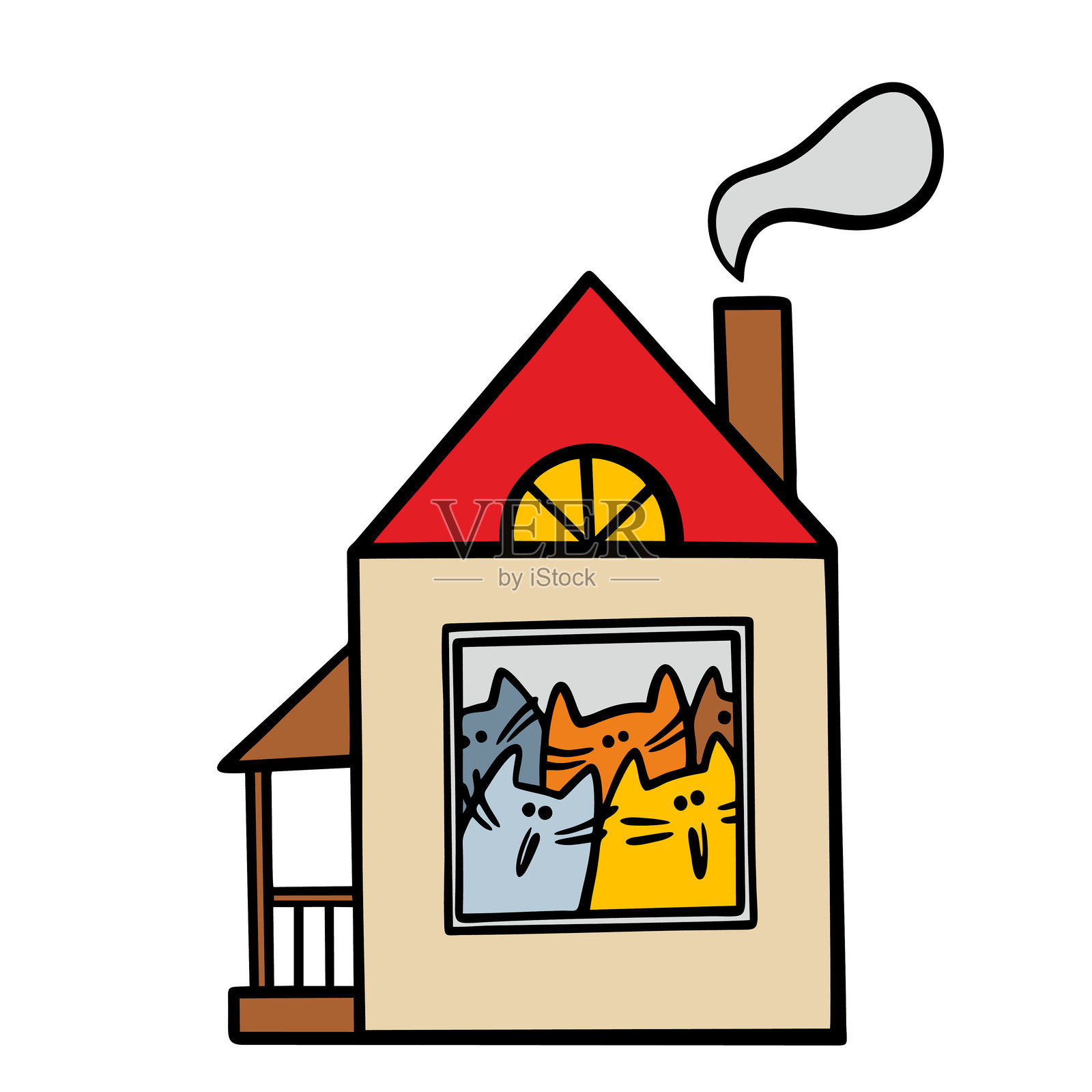 涂鸦风格的小房子,红色屋顶,里面满是猫咪。可爱的卡通小猫们从窗户里探出头来,面带微笑。插画图片素材