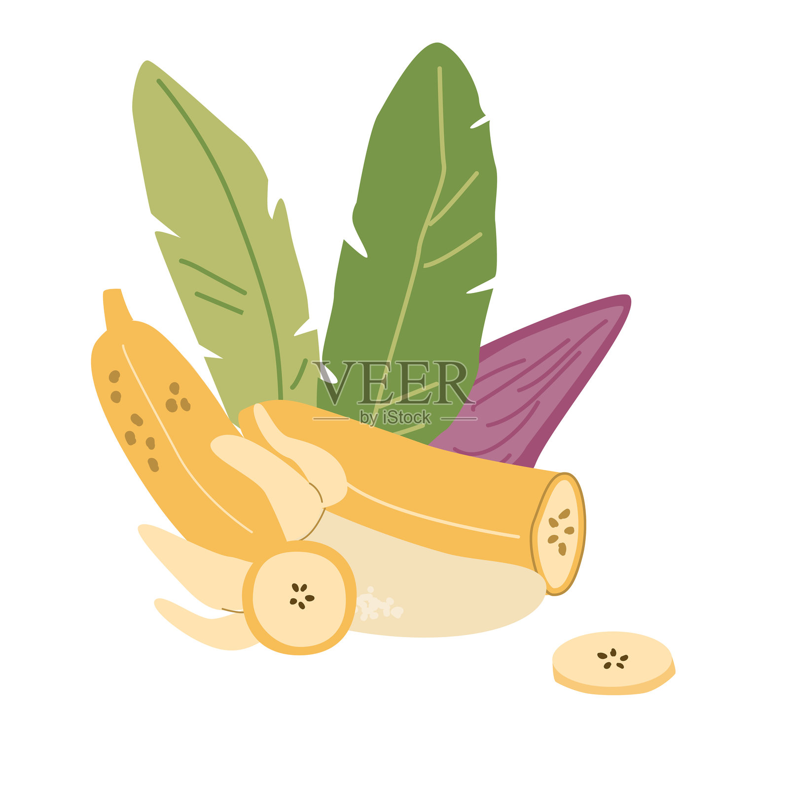 色彩斑斓的抽象香蕉和叶子插图,背景透明插画图片素材