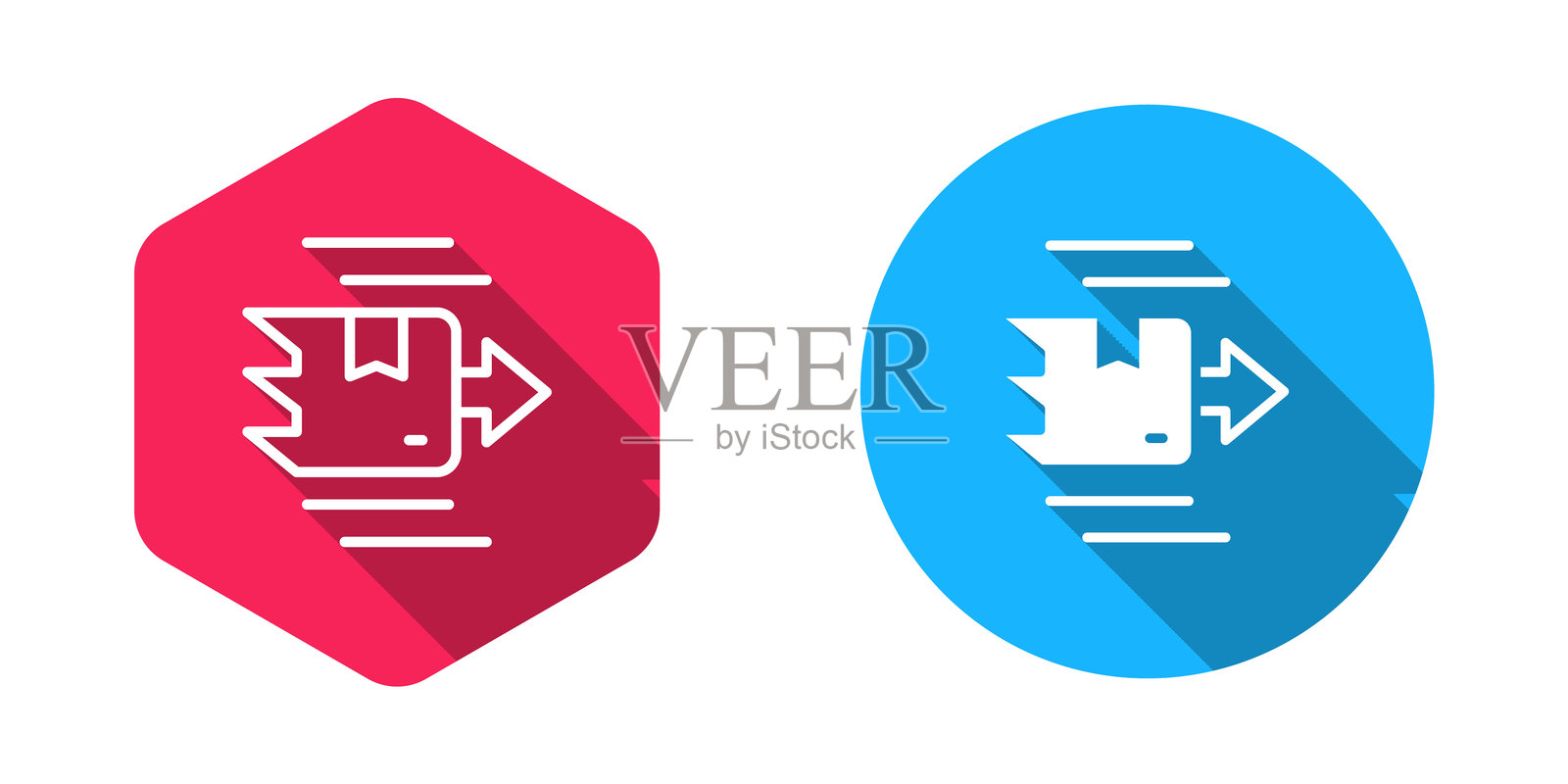 填充和轮廓的纸箱图标,带有长阴影背景。箱子、包裹、快递标志。配送和包装。矢量图。插画图片素材