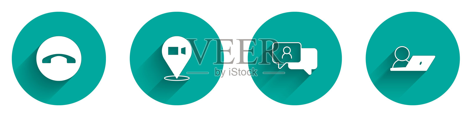 电话听筒、视频聊天会议、带长阴影的对话气泡和图标。矢量图。插画图片素材