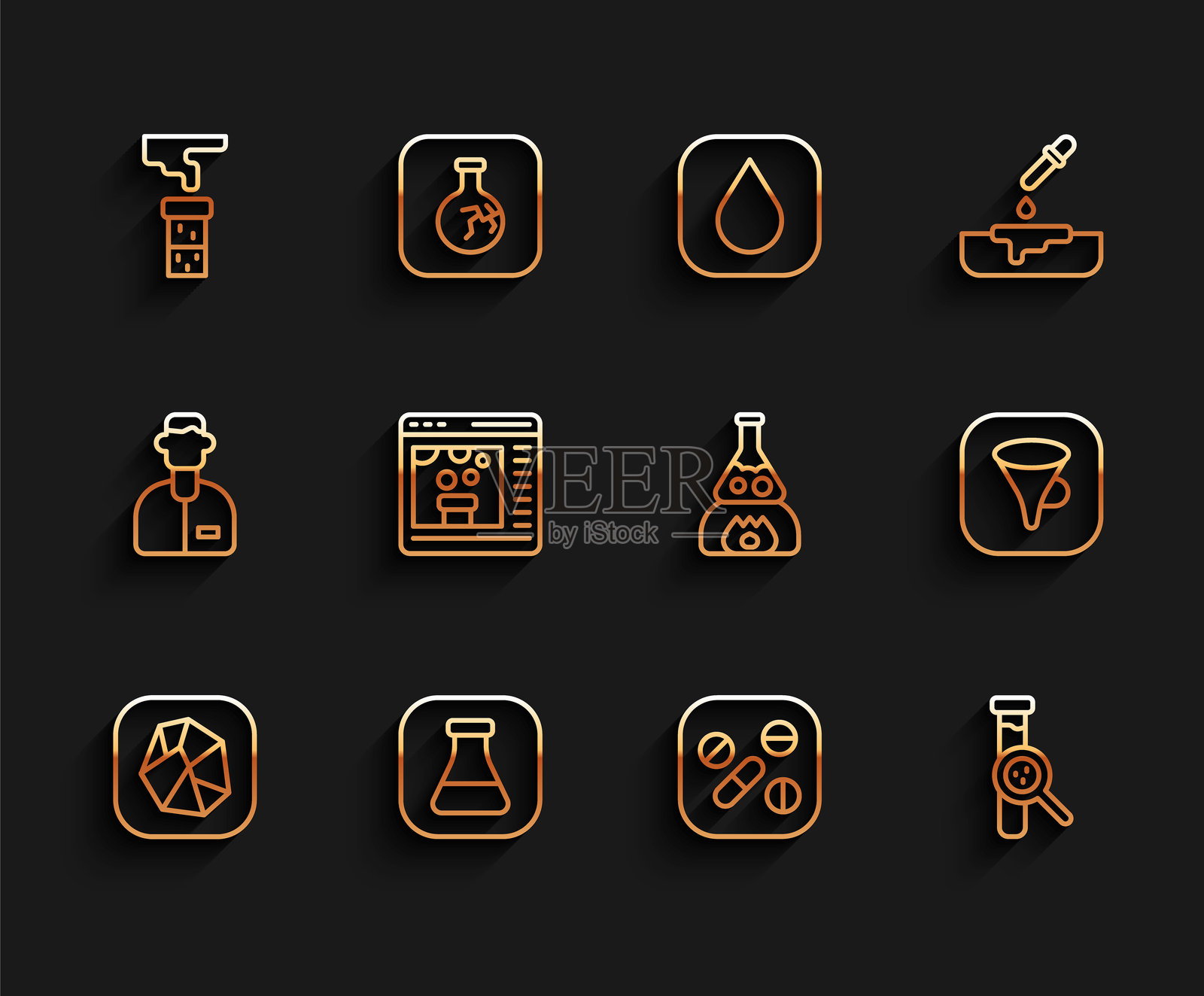 盐石、试管和烧瓶、药丸或药片、化学在线、漏斗过滤器和火焰图标。矢量图。插画图片素材