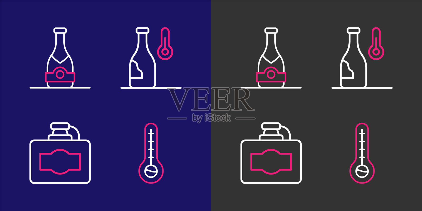 气象温度计图标,纸箱装的葡萄酒,葡萄酒温度和香槟瓶图标。矢量图。插画图片素材